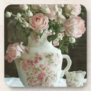 Pretty Pink Roses in Vintage Antique China Teapot Coaster