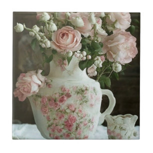 Pretty Pink Roses in Vintage Antique China Teapot Tile