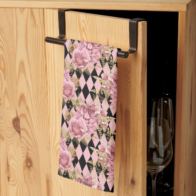 Pretty Pink Roses on Harlequin   Kitchen Towel (Thirds Fold)