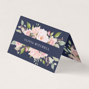 Pretty Pink Roses on Navy Blue   Floral Folded Business Card
