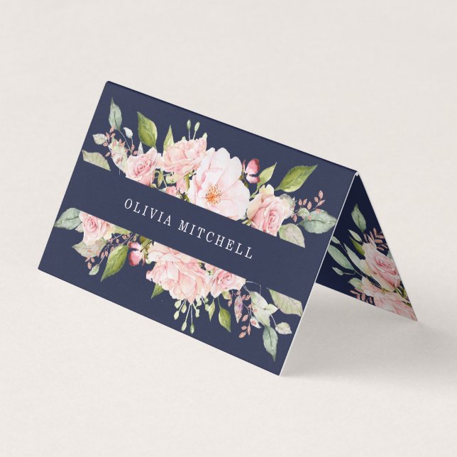 Pretty Pink Roses on Navy Blue | Floral Folded Business Card (Front)
