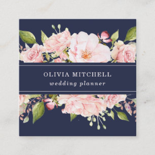 Pretty Pink Roses on Navy Blue   Floral Square Business Card