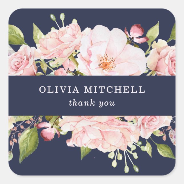 Pretty Pink Roses on Navy Blue | Floral Square Sticker (Front)