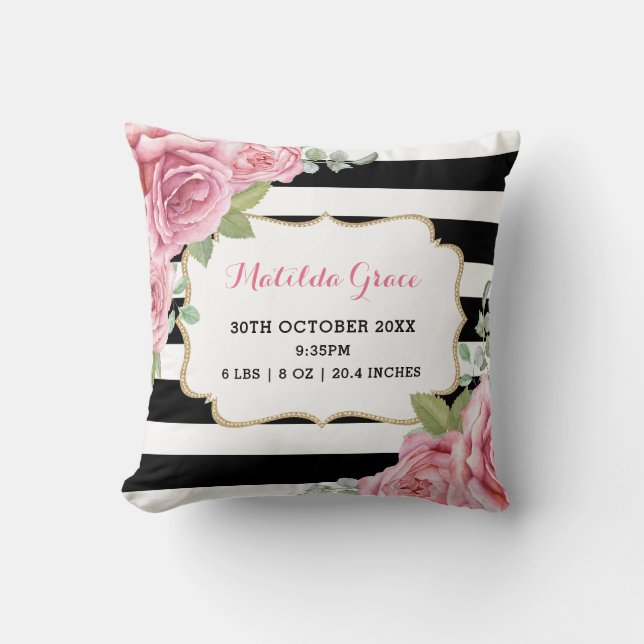 Pretty Pink Roses Paris Baby Girl Birth Stats Throw Pillow (Front)