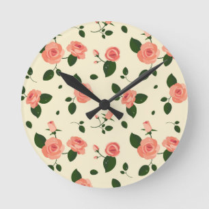 Pretty Pink Roses Pastel Pink Pattern Round Clock