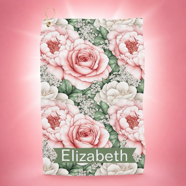 Pretty Pink Roses Personalized Golf Towel (Pretty Pink Roses Patterned Personalized Golf Towel For Women.)