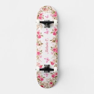 Pretty Pink Roses & Pink Butterflies Skateboard