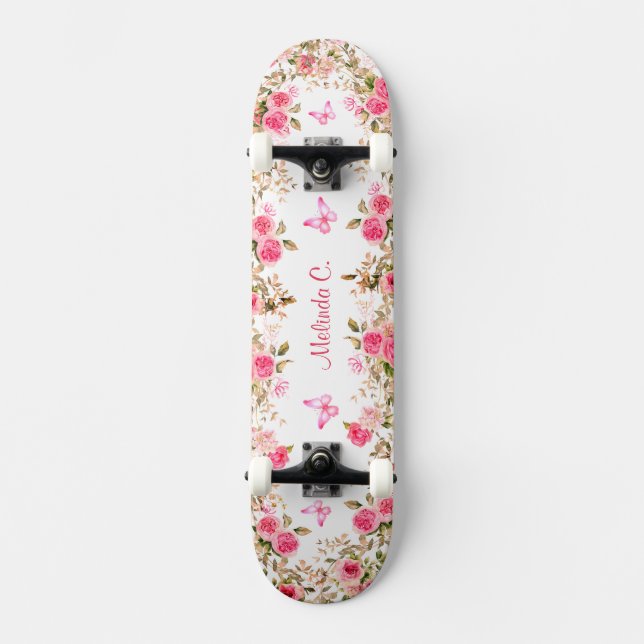 Pretty Pink Roses & Pink Butterflies Skateboard (Front)