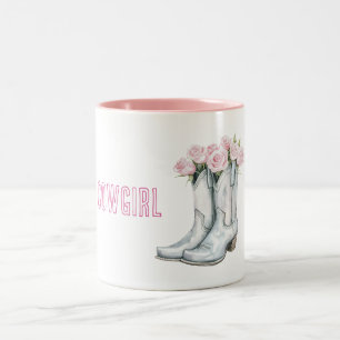 Pretty Pink Roses Silver Cowgirl Boots Two-Tone Coffee Mug