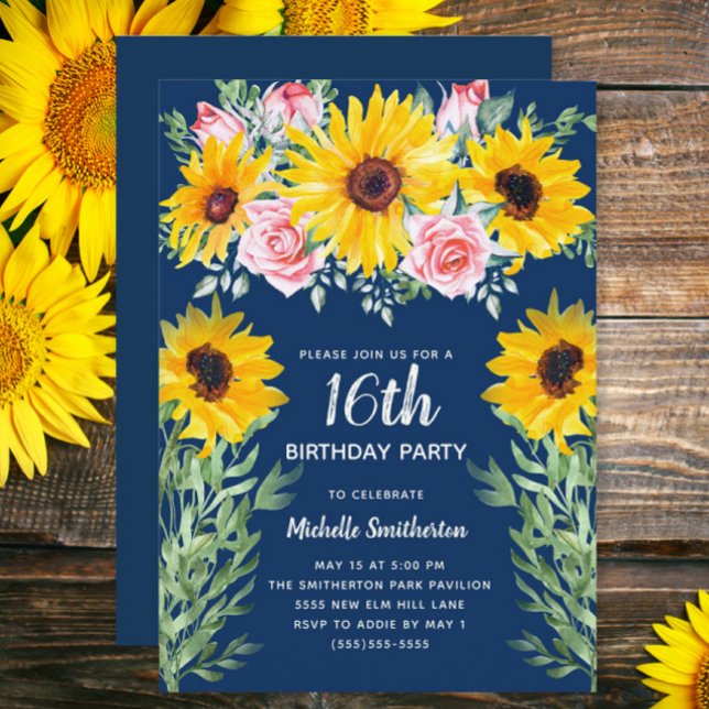 Pretty Pink Roses Sunflowers Navy Blue 16th Invitation (Sunflowers and pink roses on navy blue 16th birthday party custom invitation)