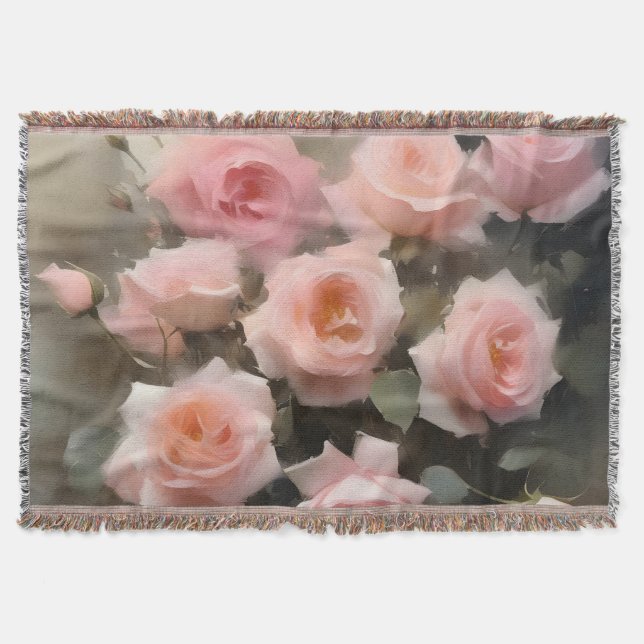 Pretty pink roses watercolor painting throw blanket (Front)