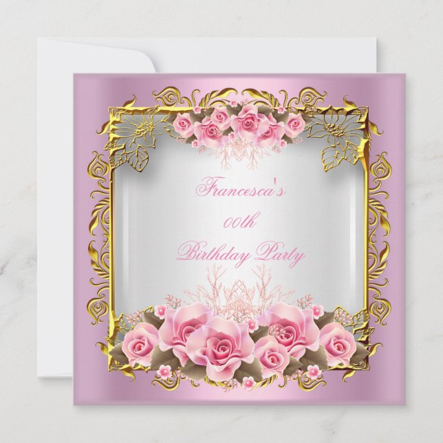 Pretty Pink Roses White Gold Birthday Party Invitation (Front)