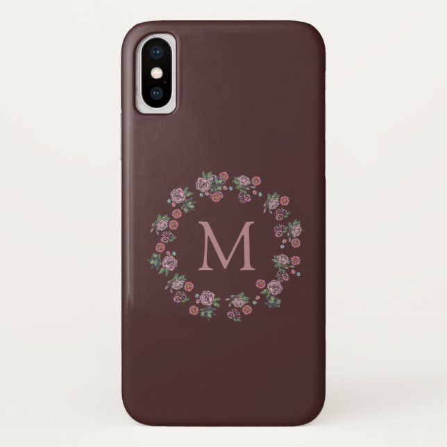 Pretty Pink Roses Wreath Monogram Burgundy Case-Mate iPhone Case (Back)