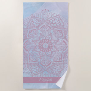 Pretty Pink Sacred Lotus Flower Blossom Mandala  Beach Towel