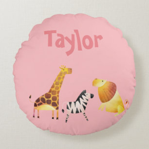 Pretty Pink Safari Zebra Giraffe Lion Round Pillow