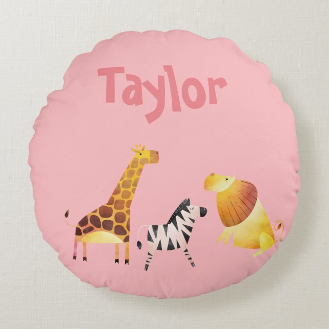Pretty Pink Safari Zebra Giraffe Lion Round Pillow (Front)