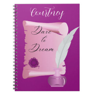Pretty Pink Scroll & Feather "Dare to Dream"  Notebook