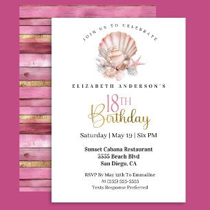 Pretty Pink Seashell and Pearls 18th Birthday Invitation