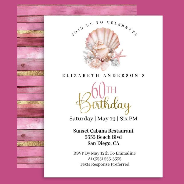 Pretty Pink Seashell and Pearls 60th Birthday Invitation (Creator Uploaded)