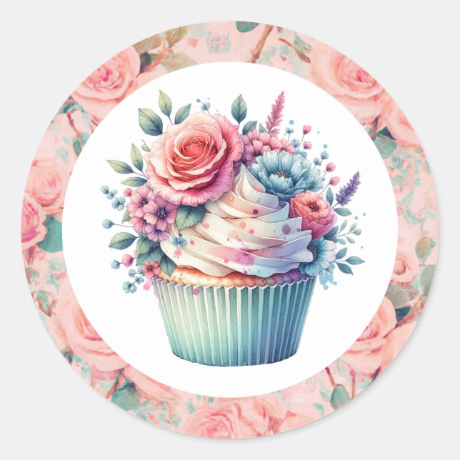 Pretty pink Shabby Chic Floral Birthday Cupcake Classic Round Sticker (Front)