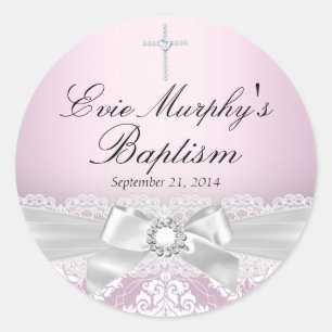 Pretty Pink Silver Damask & Bow Baptism Sticker