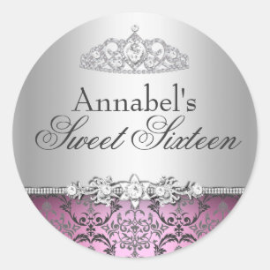 Pretty Pink & Silver Damask Sweet 16 Sticker