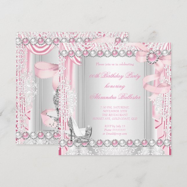 Pretty Pink Silver High Heels Pearl Bow Birthday Invitation (Front/Back)