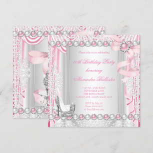 Pretty Pink Silver High Heels Pearl Bow Birthday Invitation