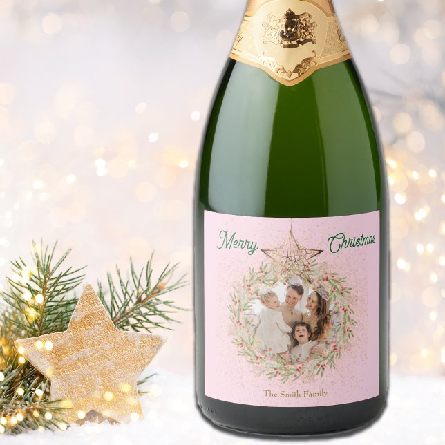 Pretty Pink Sparkle Christmas Custom Photo Sparkling Wine Label (Creator Uploaded)