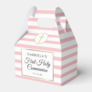 Pretty Pink Stripe Gold First Holy Communion Favor Box