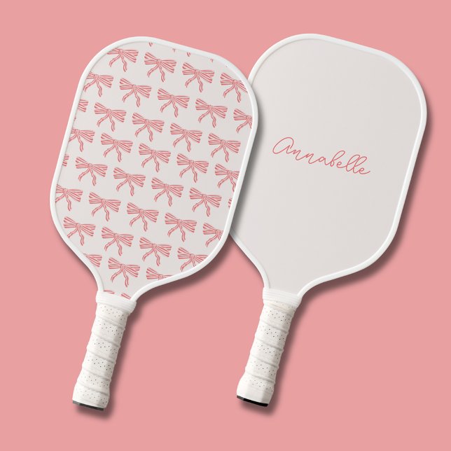 Pretty pink striped bow name pickleball paddle (Pink bow coquette aesthetic girly pickleball paddle with script name to reverse side, )