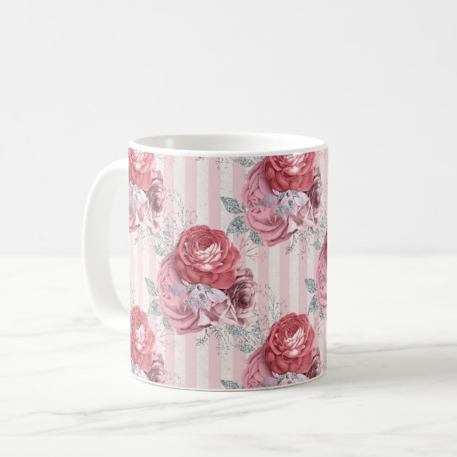 Pretty Pink Striped Floral Pattern Coffee Mug (Front Left)