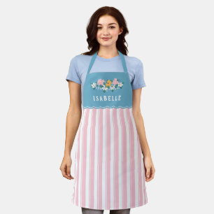 Pretty Pink Stripes Blue Yellow Flowers Apron