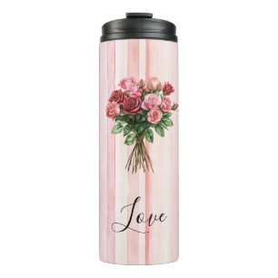 Pretty Pink Stripes Roses Floral Thermal Tumbler