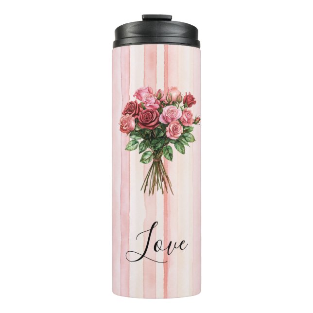 Pretty Pink Stripes Roses Floral Thermal Tumbler (Front)