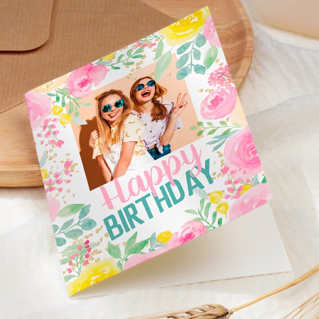 Pretty pink summer floral happy birthday photo card (Pretty pink summer floral happy birthday photo card)