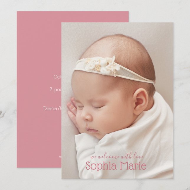 Pretty Pink Sweet Baby Photo Birth Announcements (Front/Back)