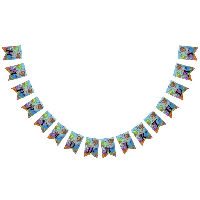 Pretty Pink Tailed Birthday Mermaid in Ocean Bunting Flags (All)