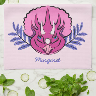 Pretty Pink Triceratops Dinosaur Personalized Kitchen Towel