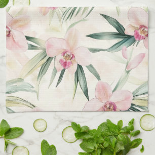 Pretty Pink Tropical Orchid Flowers Kitchen Towel
