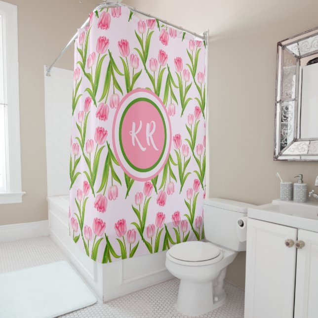 Pretty Pink Tulip Floral Flowers Leaves Monogram (In Situ)