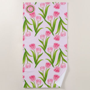 Pretty Pink Tulip Floral Flowers Leaves Monogram Beach Towel