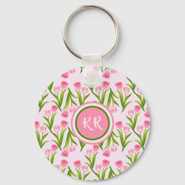 Pretty Pink Tulip Floral Flowers Leaves Monogram  Keychain (Front)