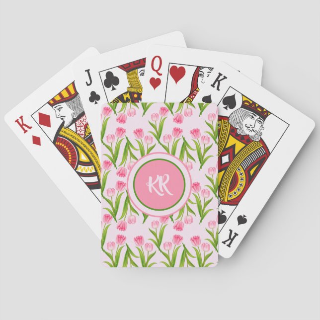 Pretty Pink Tulip Floral Flowers Leaves Monogram Playing Cards (Back)