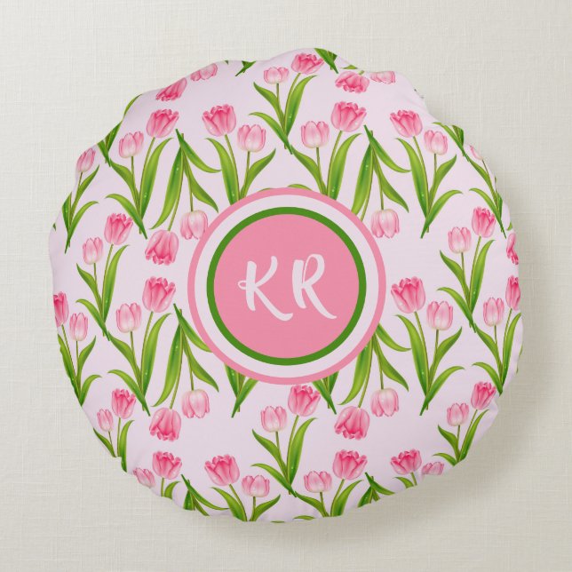 Pretty Pink Tulip Floral Flowers Leaves Monogram Round Pillow (Back)