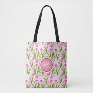 Pretty Pink Tulip Floral Flowers Leaves Monogram Tote Bag