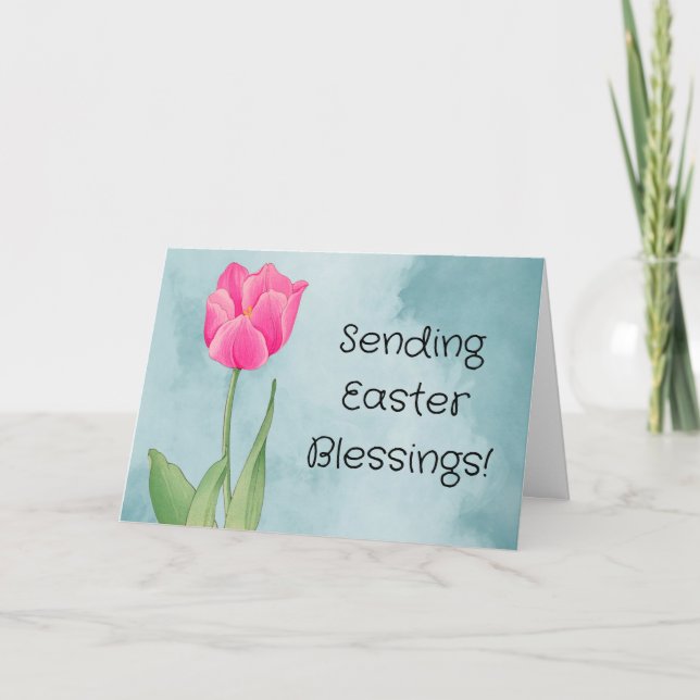 Pretty Pink Tulip Flower Art Easter Card (Front)