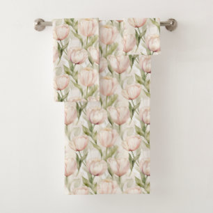 Pretty Pink Tulip Flowers Bath Towel Set