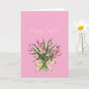 Pretty Pink Tulip Flowers Gold Bow Easter Card