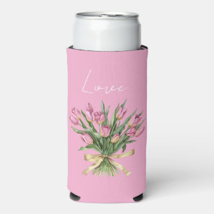 Pretty Pink Tulip Flowers Gold Bow Love Seltzer Can Cooler